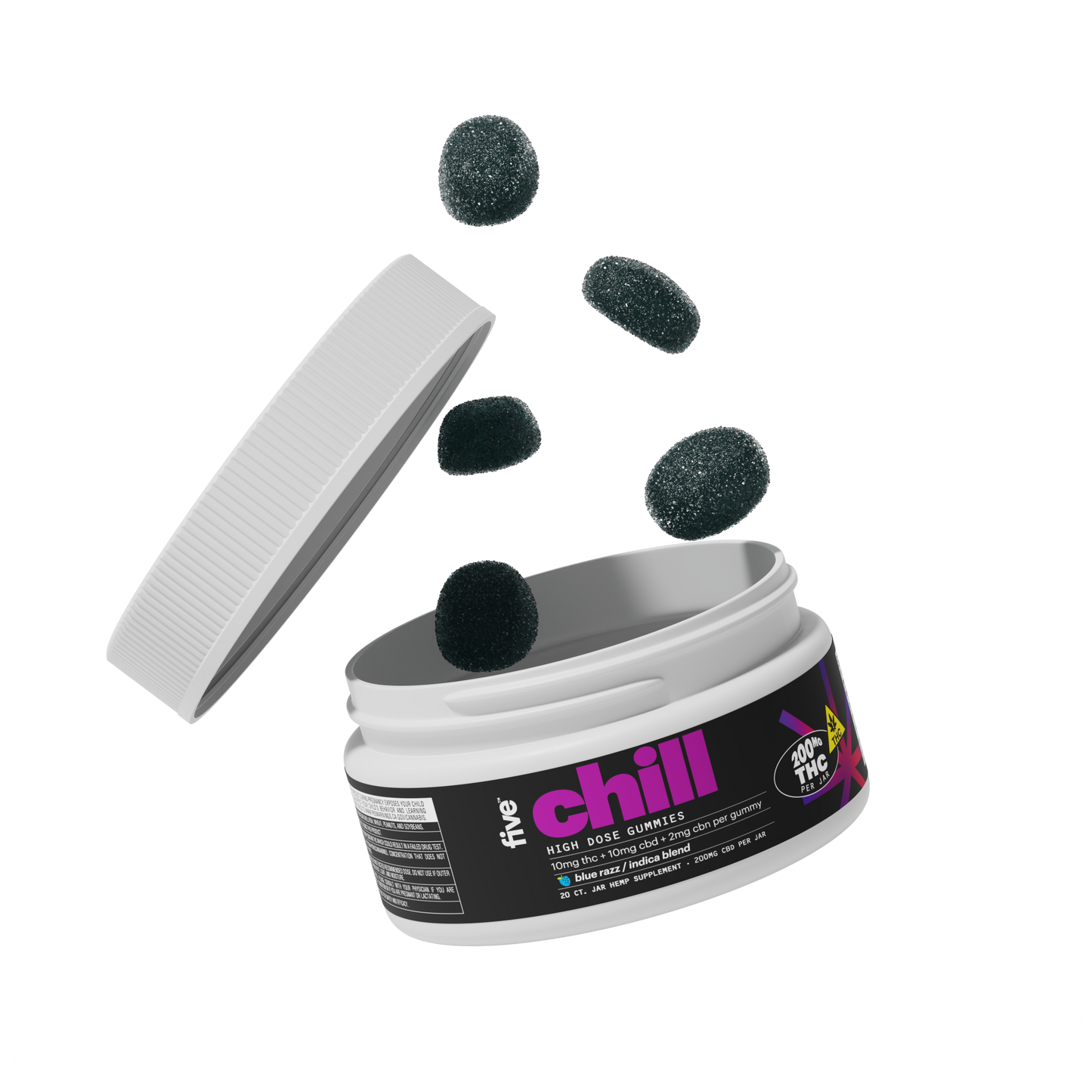 Indica Chill THC Gummies open container with gummies flying