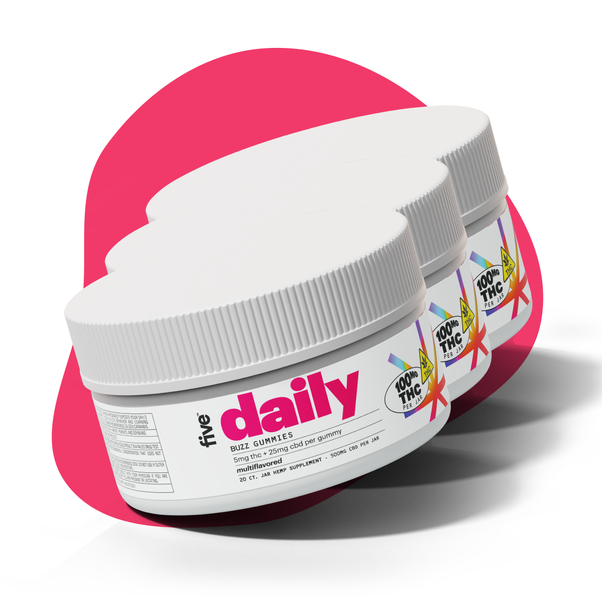 Three jars of five daily BUZZ GUMMIES, each containing 5mg THC + 25mg CBD per gummy, multiflavored, 20 count jar hemp supplement, 500mg CBD per jar, with a 100mg THC per jar warning symbol.