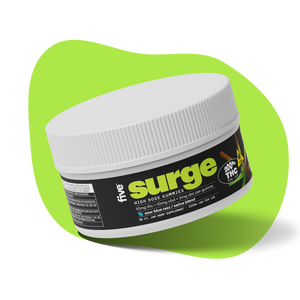 White plastic jar tilted on lime backdrop, black label reading 'surge', 'HIGH DOSE GUMMIES' and circular '200mg THC per jar' badge