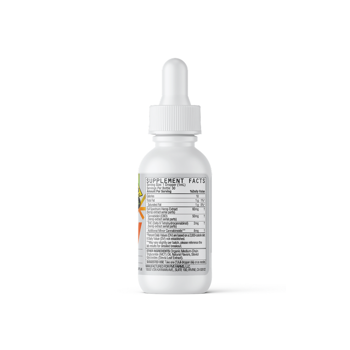 Back of Citrus Daily tincture bottle showing Supplement Facts panel listing CBD 50 mg and THC 2 mg on white background