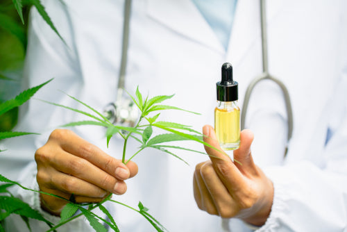 Person in white coat holding a cannabis leaf in one hand and a dropper bottle with yellow liquid in the other hand