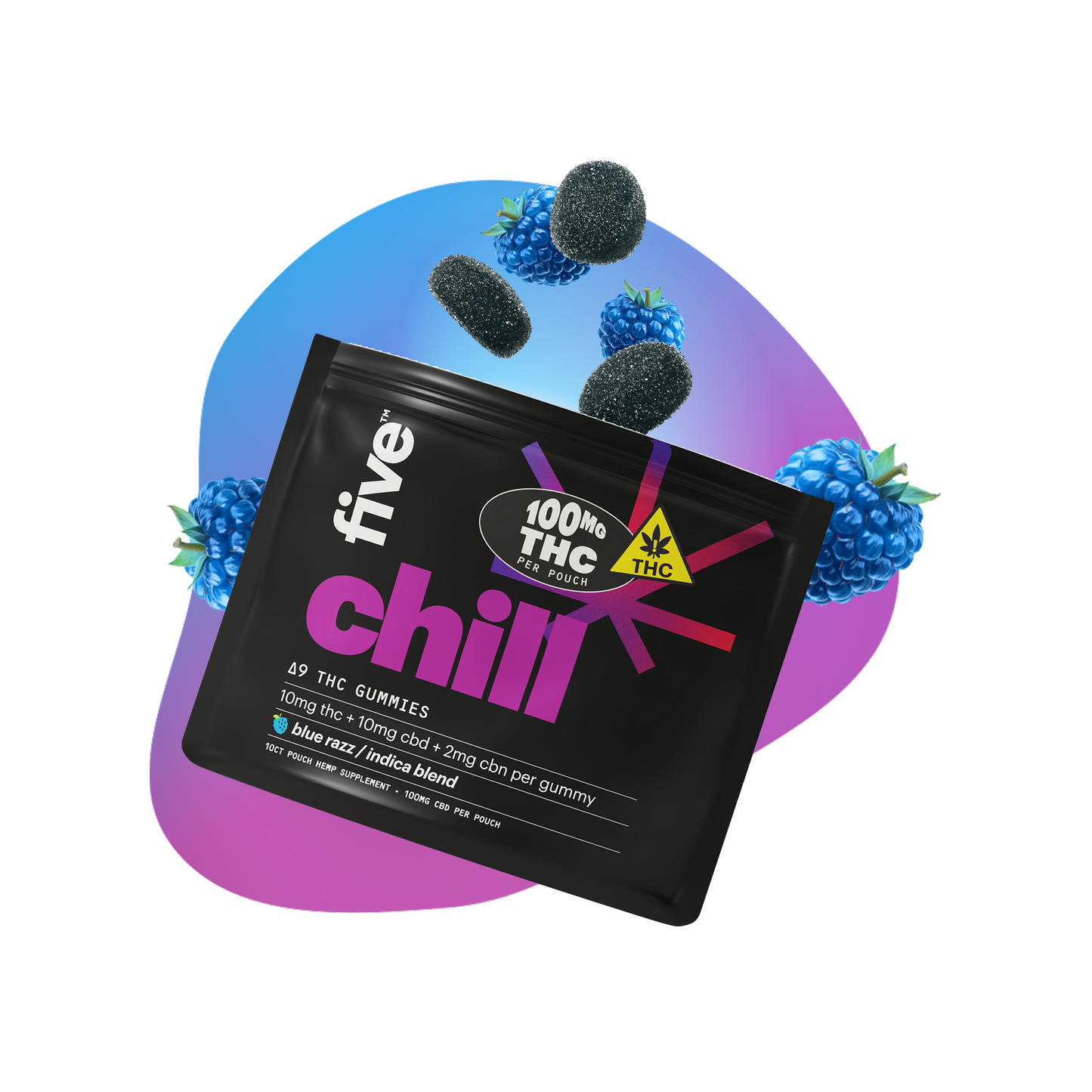 Black pouch labeled fiver chill, 100mg THC per pouch badge; black sugar-coated gummies with blueberries