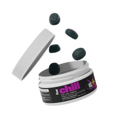Indica Chill THC Gummies open container with gummies flying