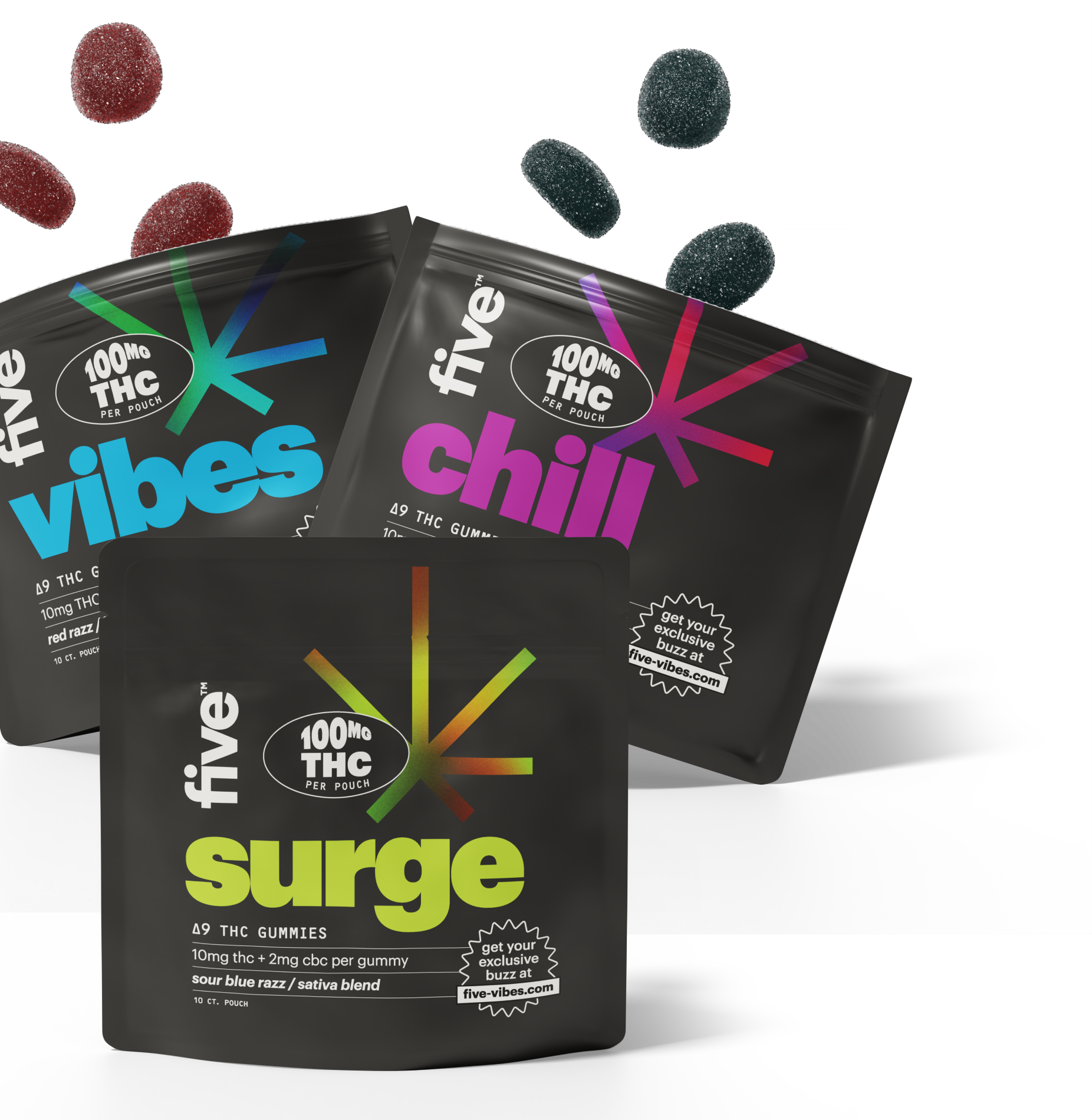 Three black 'five' gummy pouches labeled surge, vibes, and chill, with 100MG THC PER POUCH and colored logos