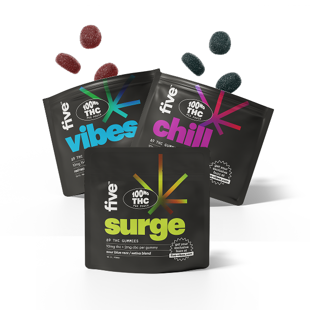 five pouches labeled vibes, chill, surge; 100mg THC per pouch