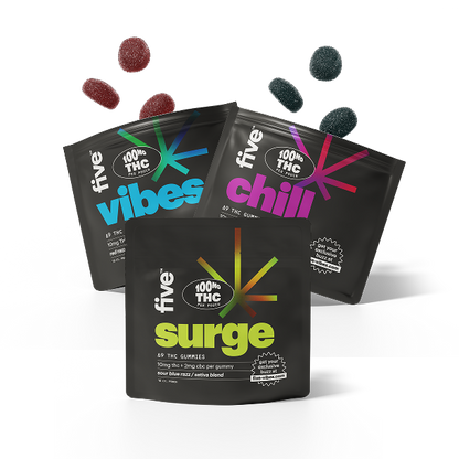 five pouches labeled vibes, chill, surge; 100mg THC per pouch