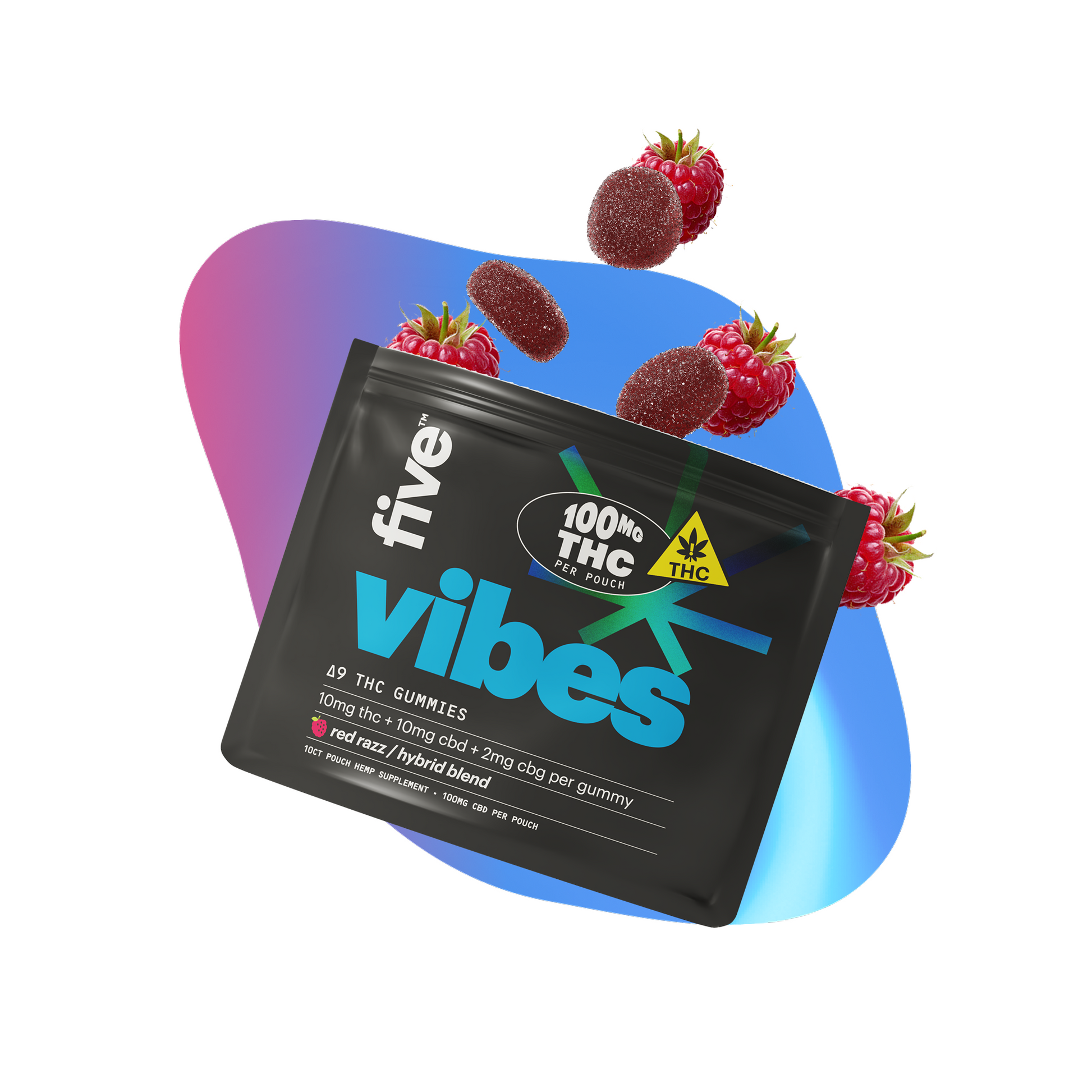 Black pouch labeled 'five vibes' with '100MG THC' badge, red raspberry gummies and raspberries around the package.