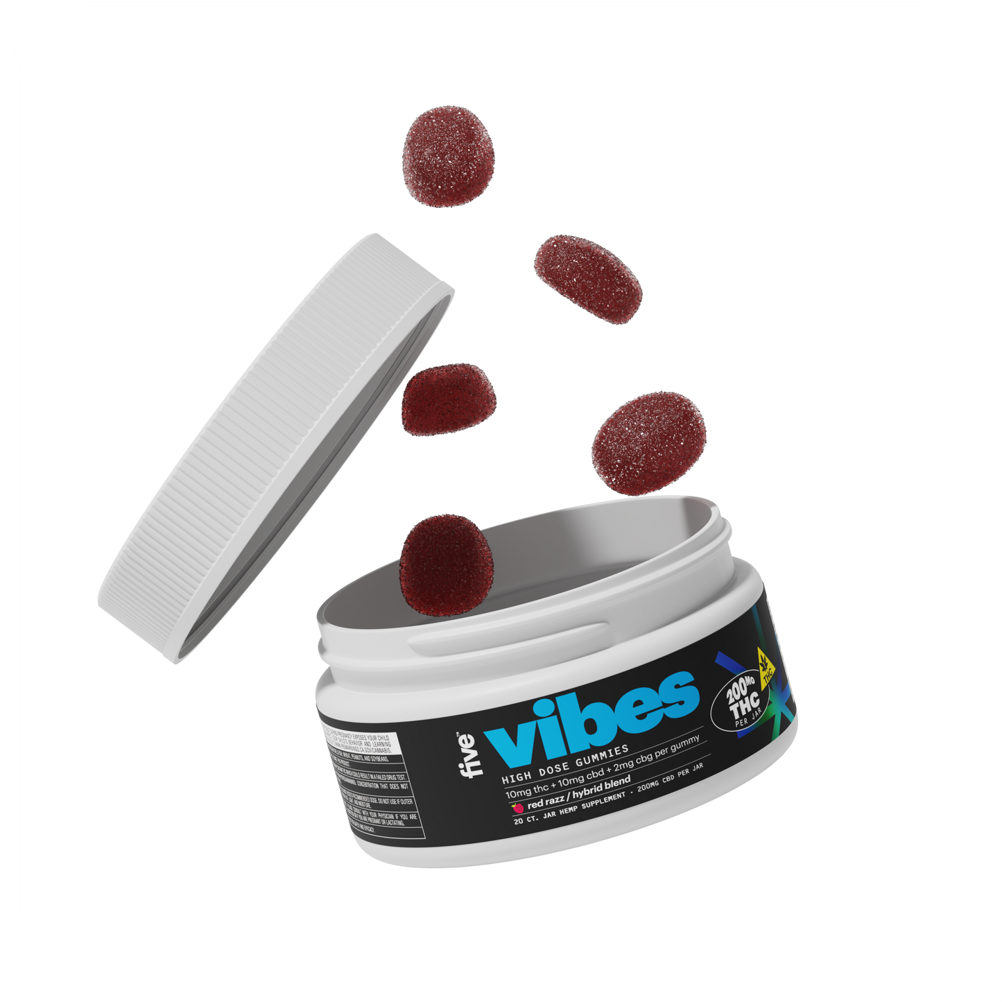 Open container of Hybrid Vibes High Dose 10 mg THC Gummies with gummies flying in the air