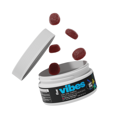 Open container of Hybrid Vibes High Dose 10 mg THC Gummies with gummies flying in the air