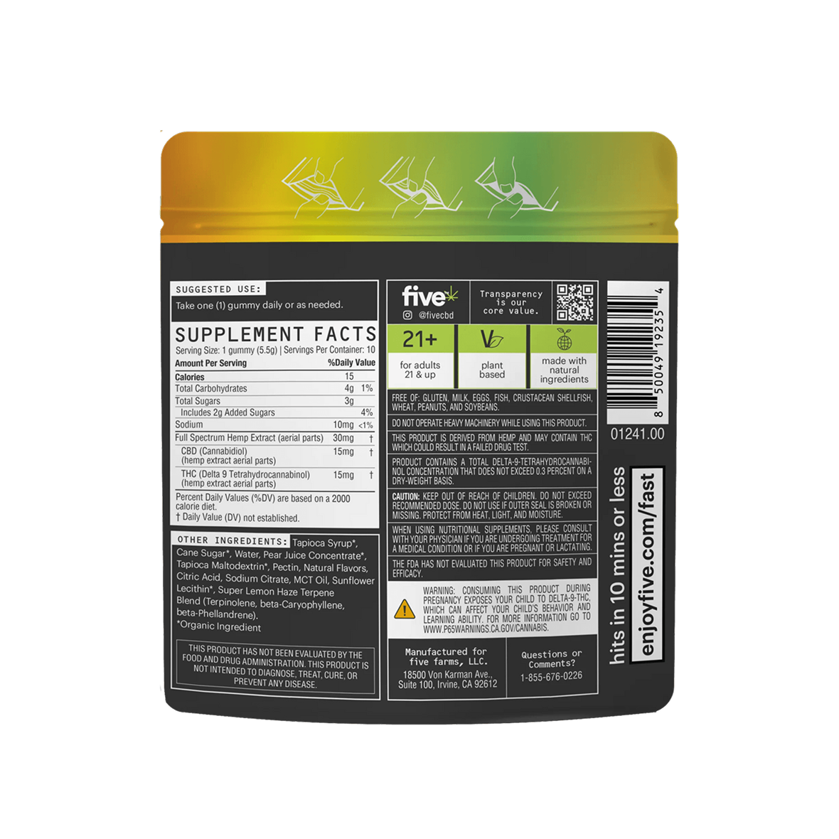 Back of Super Lemon Haze 15 mg gummies pouch showing Supplement Facts, serving size 1 gummy, THC 15 mg, CBD 150 mg, 21+ icon