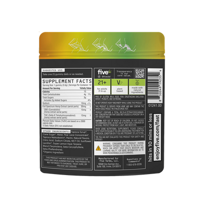 Back of Super Lemon Haze 15 mg gummies pouch showing Supplement Facts, serving size 1 gummy, THC 15 mg, CBD 150 mg, 21+ icon