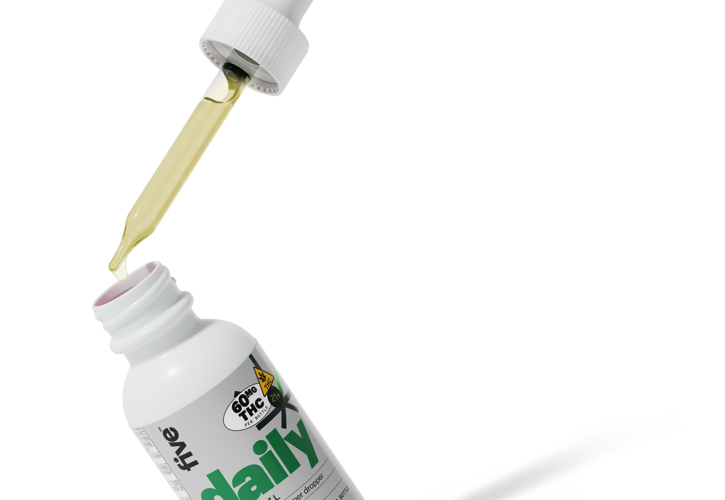 Dropper and open white bottle labeled daily with text 60MG THC PER BOTTLE, thrive, and 21+.