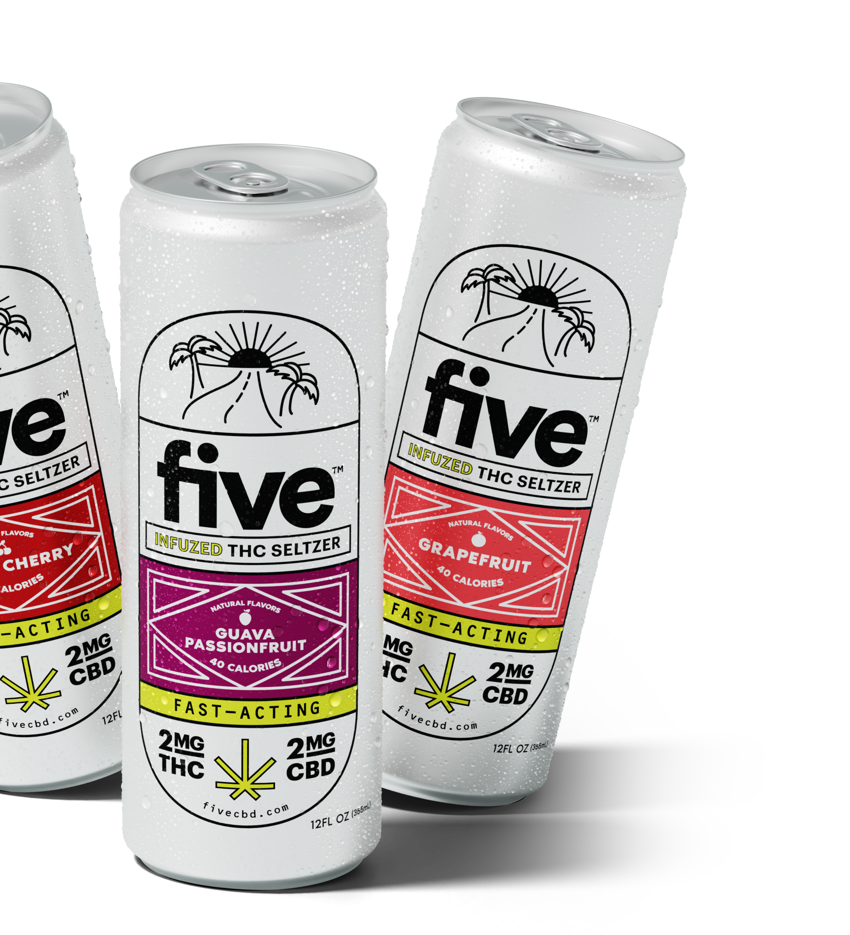 five INFUZED THC SELTZER GUAVA PASSIONFRUIT GRAPEFRUIT FAST-ACTING 2MG THC 2MG CBD 40 CALORIES NATURAL FLAVORS fivecbd.com