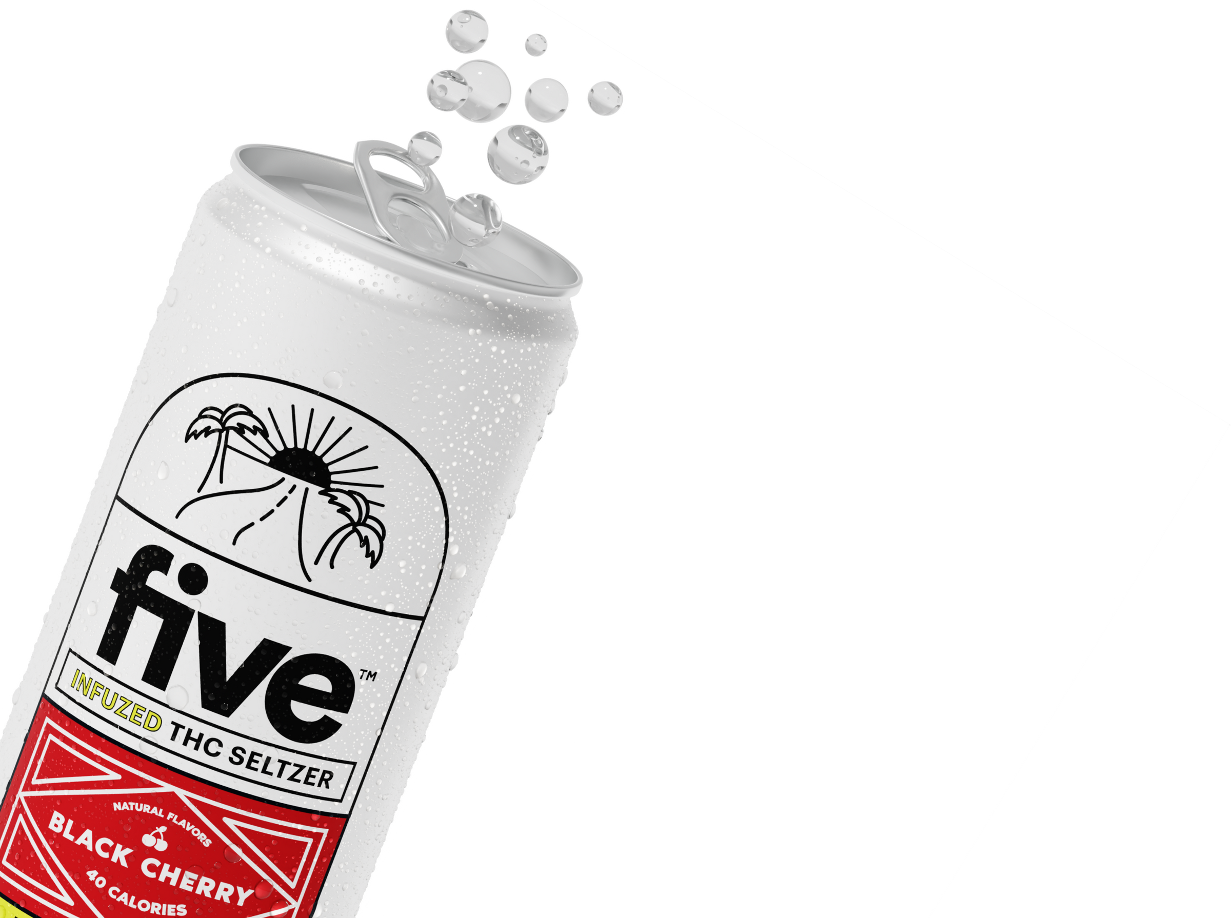 White can labeled 'five' with INFUZED THC SELTZER; red panel reading BLACK CHERRY, NATURAL FLAVORS, 40 CALORIES