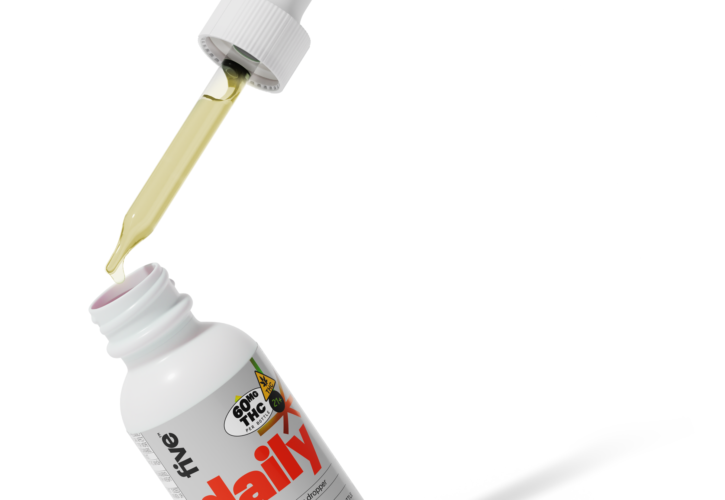 Dropper dripping yellow oil into white bottle labeled daily; label reads '60MG THC PER BOTTLE', shows '21+' and 'trye'.