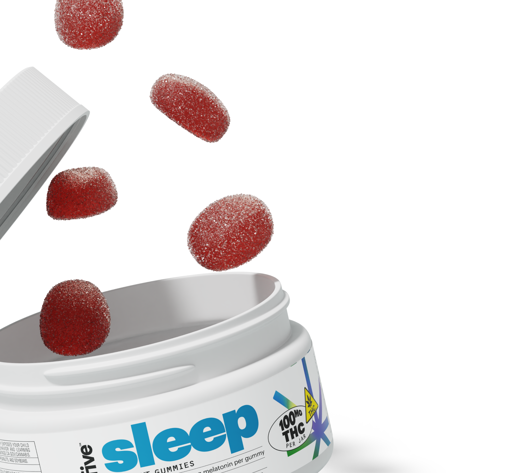 White jar labeled 'sleep GUMMIES' with red sugar-coated gummies falling out; label shows '100MG THC PER JAR'