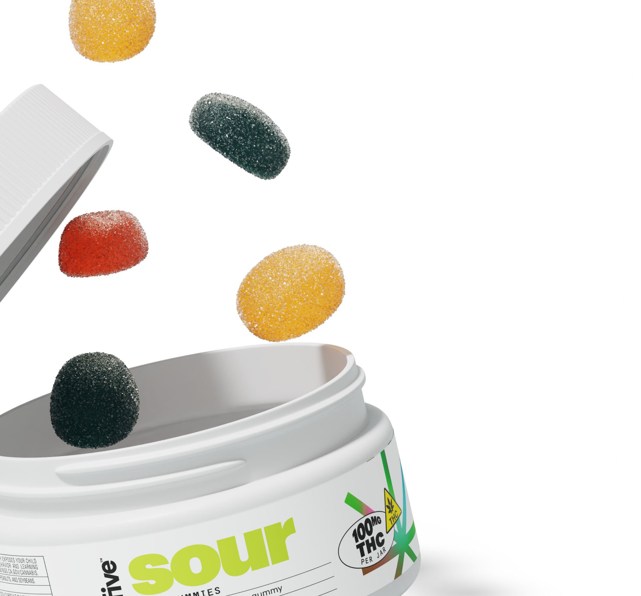 White jar labeled sour and 100mg THC PER JAR, with multicolored sugar-coated gummies spilling from the lid