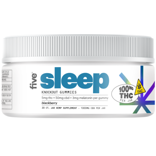 White jar labeled 'the sleep' with blue 'sleep' logo and round badge reading '10mg THC'.