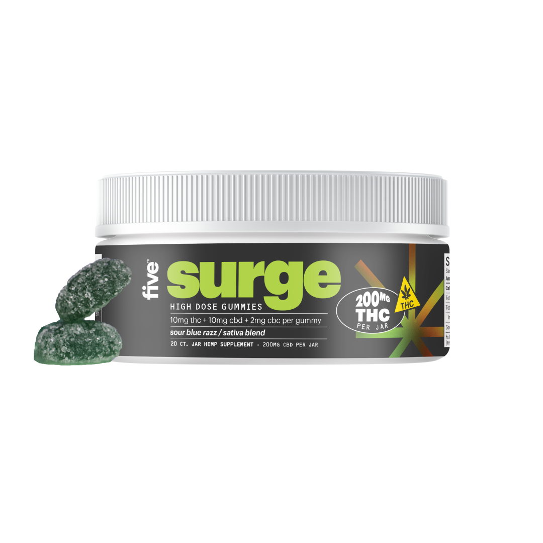Five Surge high dose gummies jar with sour blue razz sativa blend flavor, 10mg THC + 10mg CBD + 2mg CBC per gummy, 200mg THC per jar