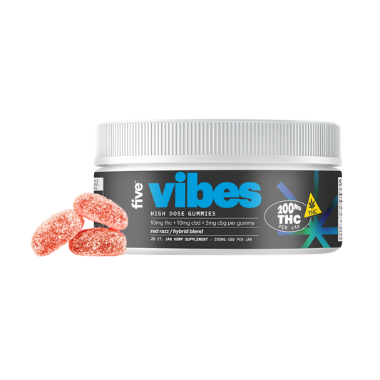 Five Vibes high dose gummies jar with 10mg THC, 10mg CBD, 2mg CBG per gummy, red razz hybrid blend flavor, 200mg THC per jar, and three red sugar-coated gummies shown