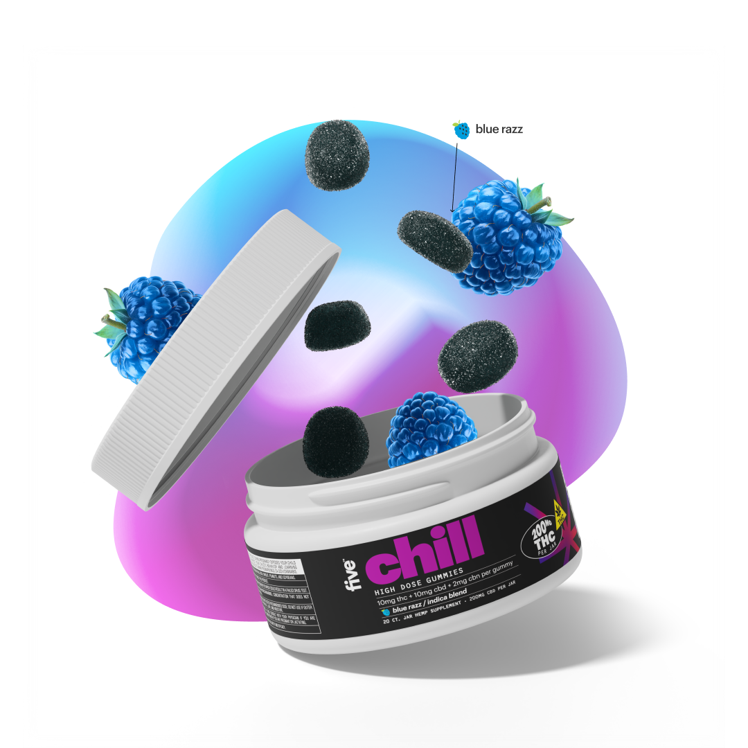 Open jar labeled 'chill' with flying blue razz gummies and a '20mg THC' badge
