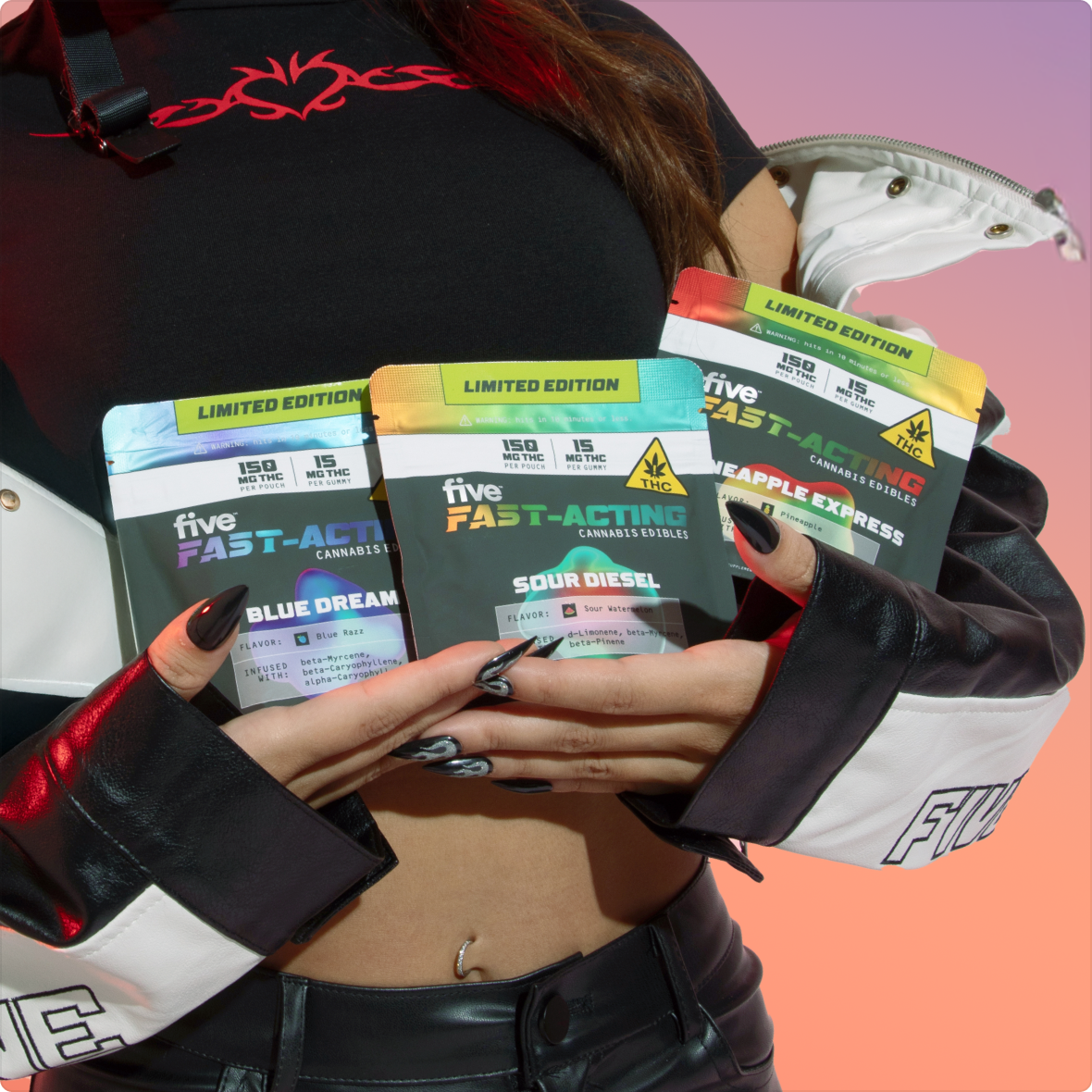 Hands holding three five FAST-ACTING cannabis pouches labeled LIMITED EDITION: BLUE DREAM, SOUR DIESEL, PINEAPPLE EXPRESS, THC