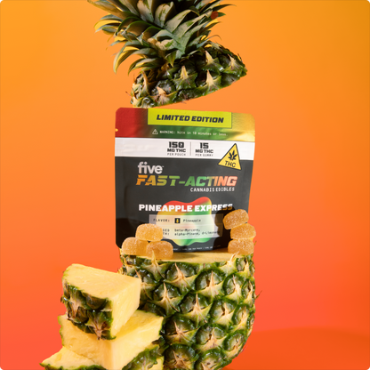 Pineapple with pouch of five FAST-ACTING CANNABIS EDIBLES PINEAPPLE EXPRESS, LIMITED EDITION, 150 MG THC, 15 MG THC