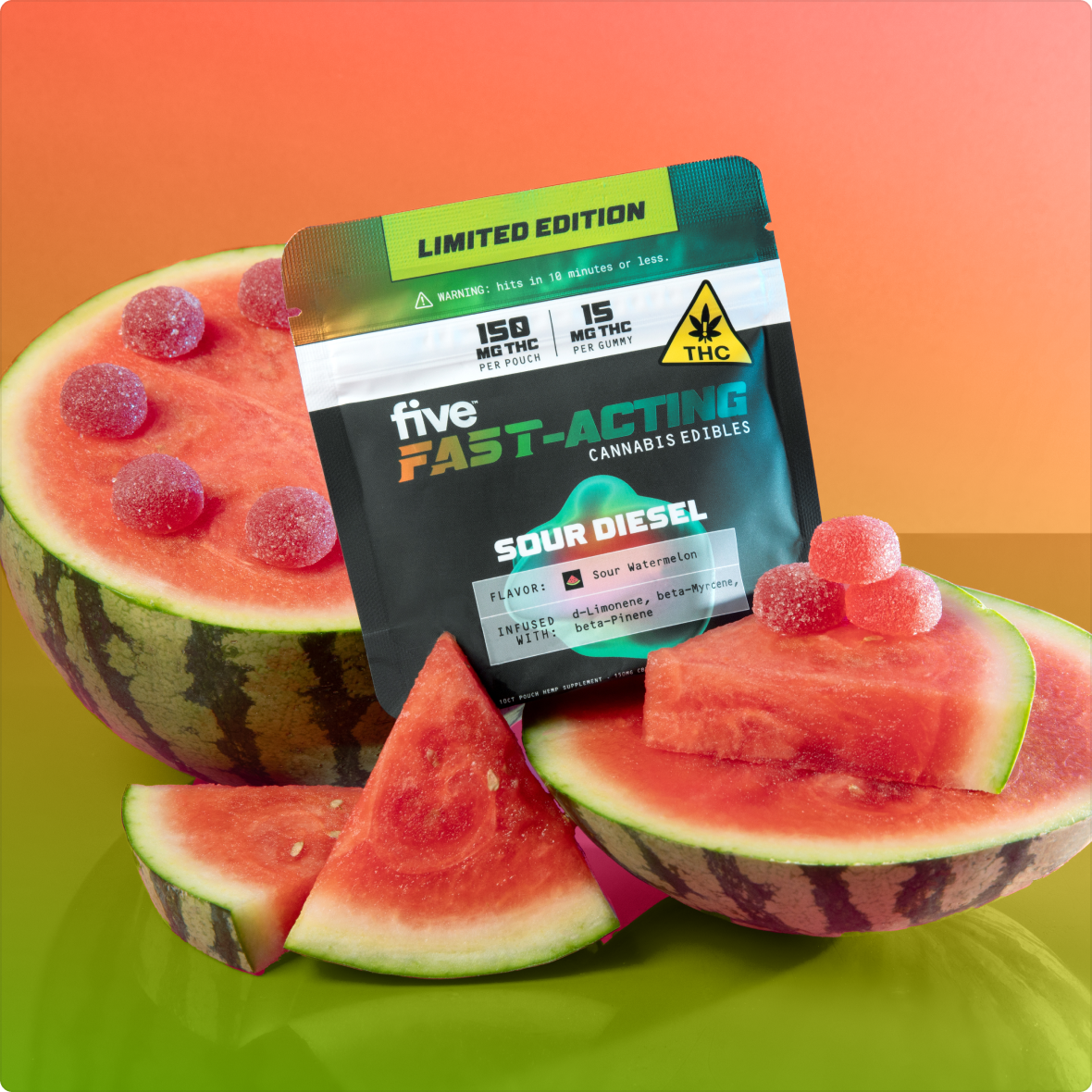 five FAST-ACTING CANNABIS EDIBLES pouch, LIMITED EDITION, 150 MG THC, SOUR DIESEL, Sour Watermelon.
