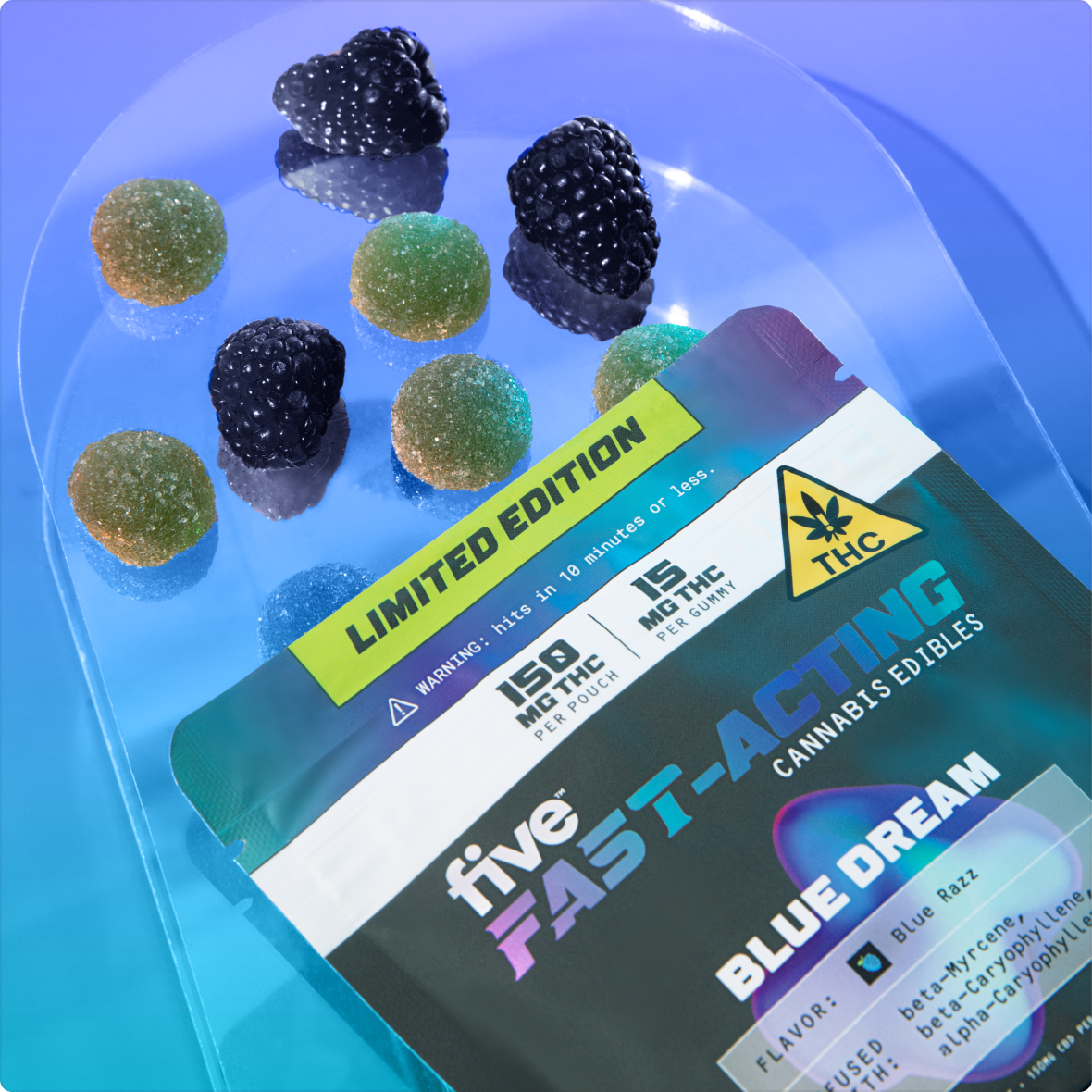 Pouch labeled LIMITED EDITION: five FAST-ACTING CANNABIS EDIBLES, flavor BLUE DREAM, with THC warning triangle.