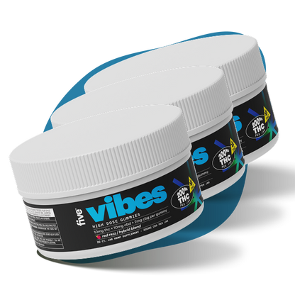 Three containers of Hybrid Vibes High Dose 10 mg THC Gummies