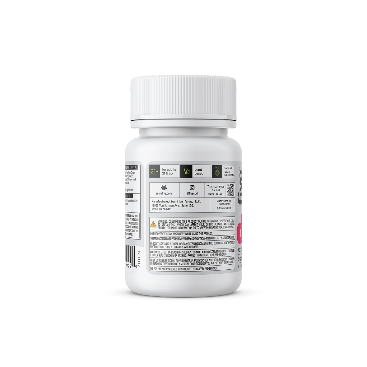 Back of Daily Microdose capsules bottle showing back label with 21+ and plant-based icons and warning text on black background
