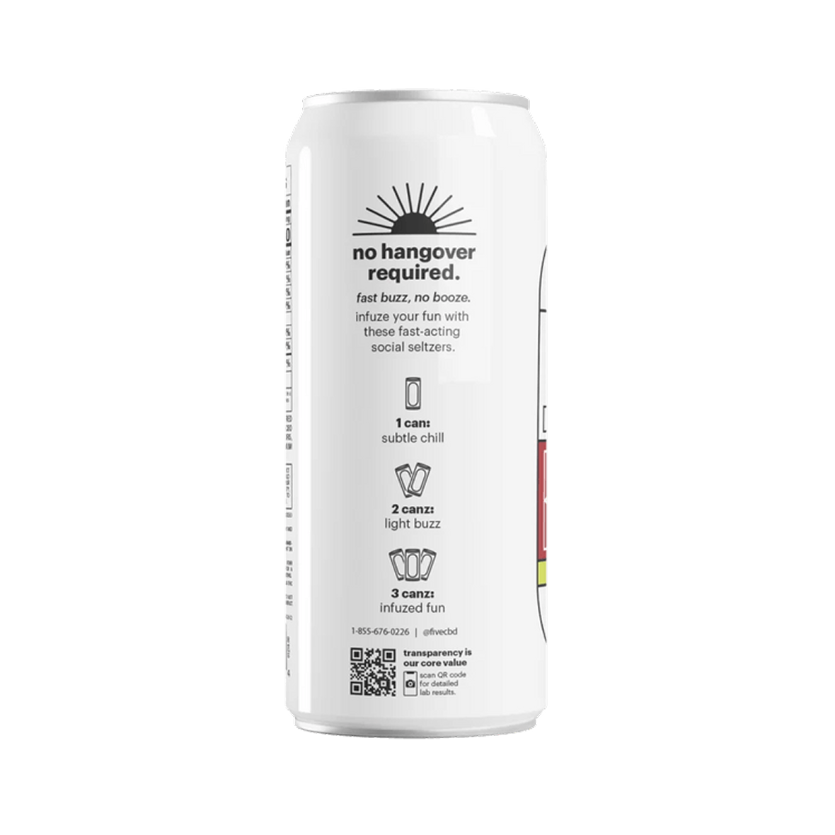 Back view of Infuzed THC Black Cherry seltzer can showcasing "no hangover required" headline and 1–3 can dosage guide icons on plain background