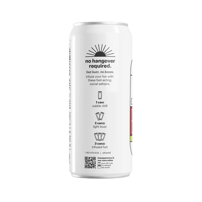 Back view of Infuzed THC Black Cherry seltzer can showcasing "no hangover required" headline and 1–3 can dosage guide icons on plain background