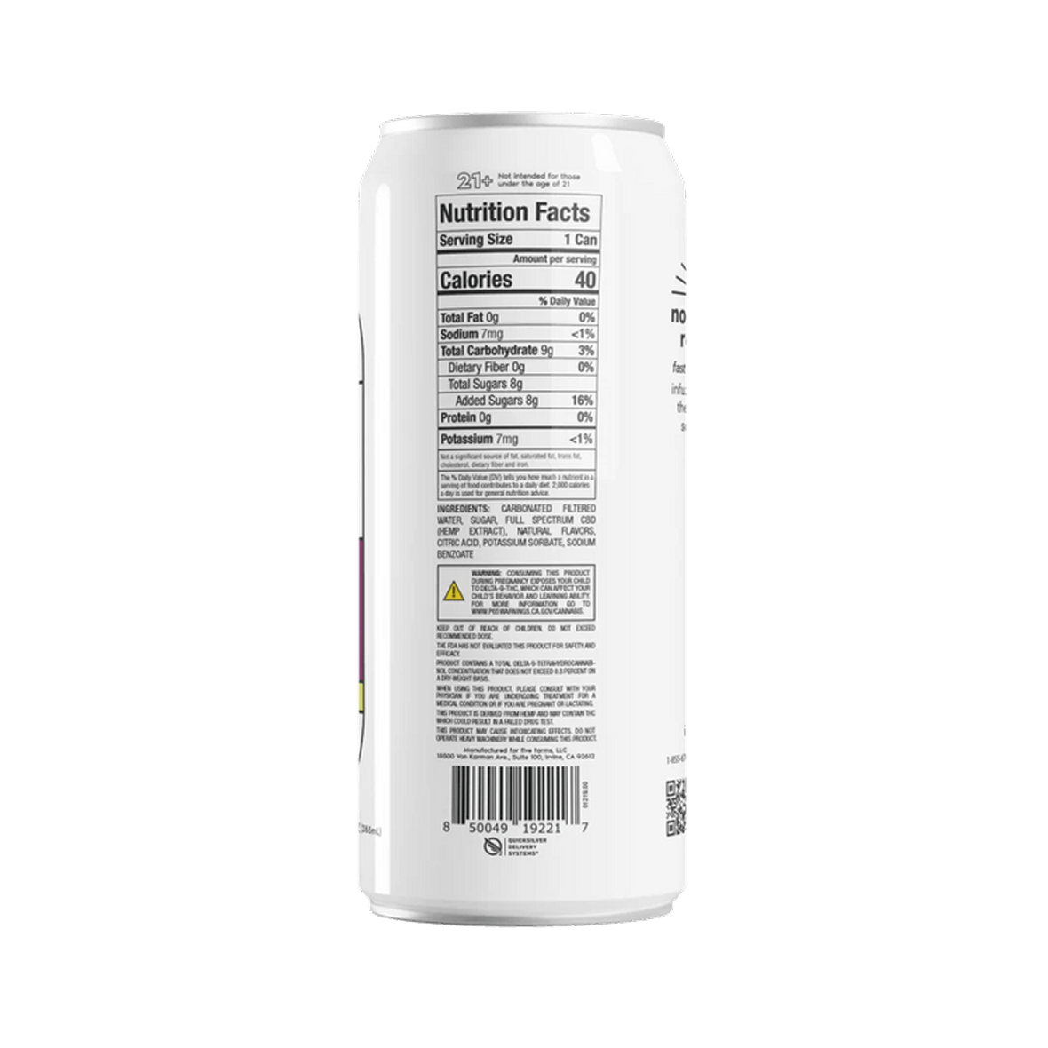 Nutrition facts label showing 1 can serving, 40 calories, 2mg THC and 2mg CBD, 8g added sugars