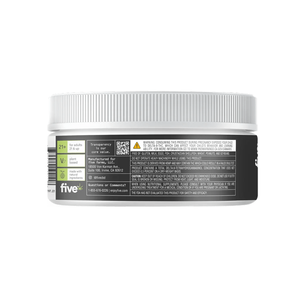 Back of Five Delta-9 THC Mood Gummies (Hybrid Vibes) jar showing label with dosage icons, warnings, and manufacturer info