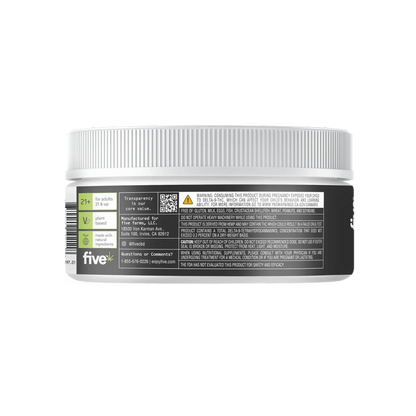 Back of Five Delta-9 THC Mood Gummies (Hybrid Vibes) jar showing label with dosage icons, warnings, and manufacturer info