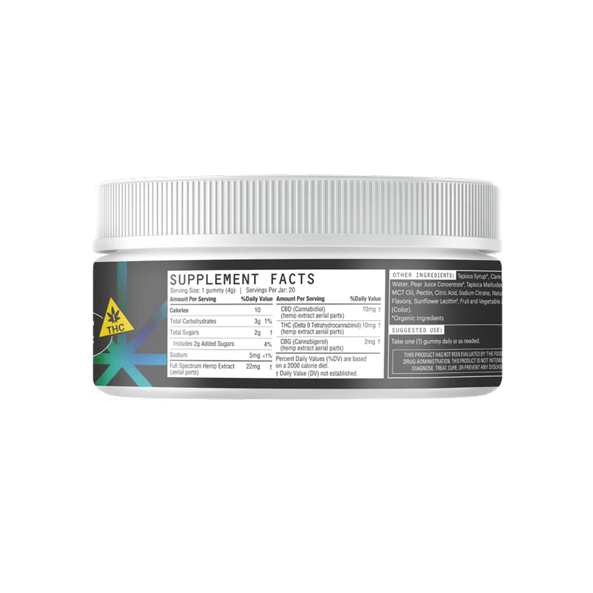 Supplement Facts panel for jar: Serving size 1 gummy (4g), 20 servings, 10mg Delta-9 THC, 10mg CBD, 2mg CBG