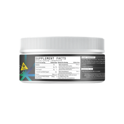 Supplement Facts panel for jar: Serving size 1 gummy (4g), 20 servings, 10mg Delta-9 THC, 10mg CBD, 2mg CBG