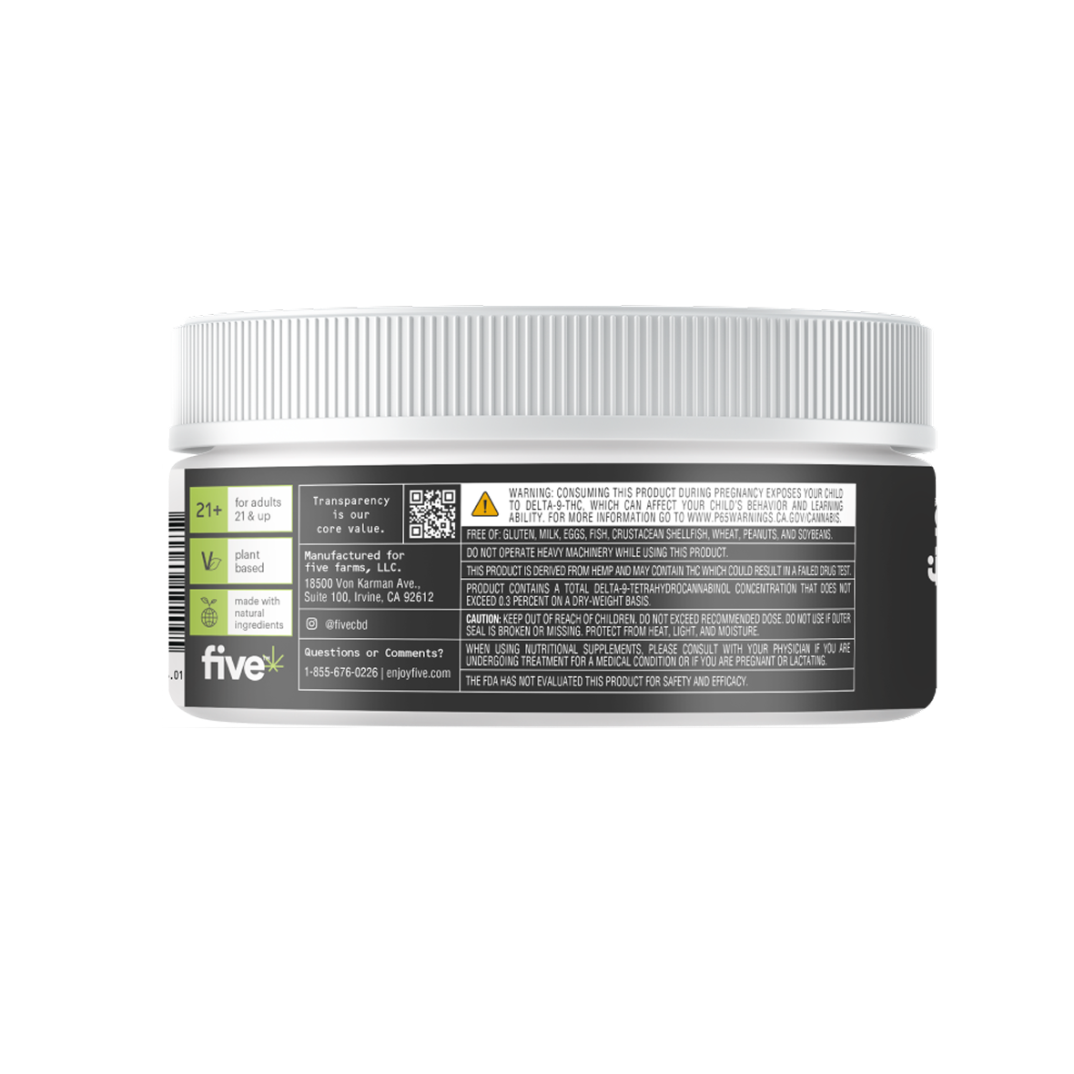 Rear view of Five Sativa Surge 10 mg THC gummies jar showing 21+ and plant-based icons with warning text