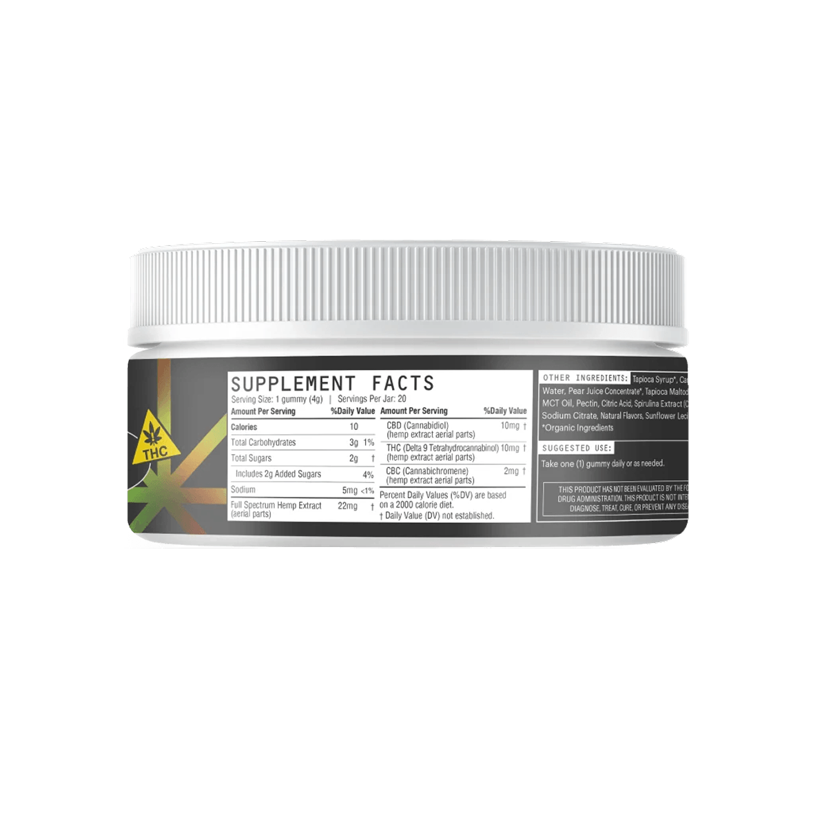 Front view of Sativa Surge 10 mg THC gummy jar showing Supplement Facts label listing 10 mg THC per gummy and 20 servings