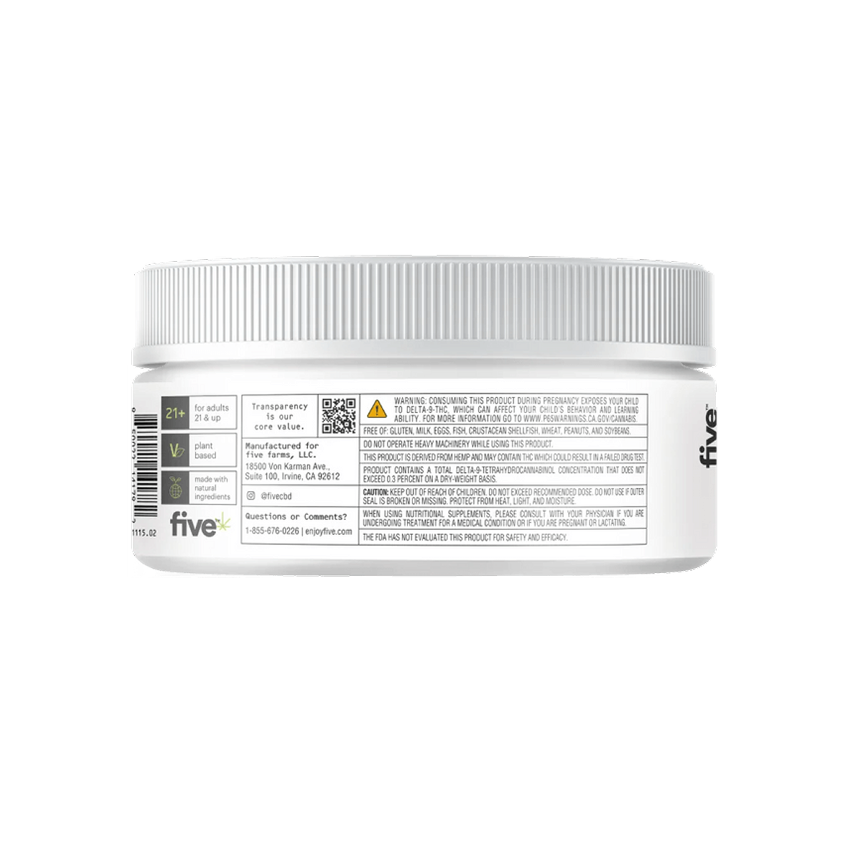Back of Sour Buzz 5mg THC gummy jar showing back label with dosage, CBD and THC amounts, warning text, and brand logo on white background