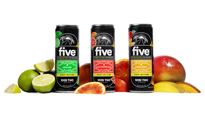 Three 'five' cans: ZESTY LIME, BLOOD ORANGE BLAZE, MANGO SUNSET; fruit props; labels read FAST-ACTING, 10MG THC.