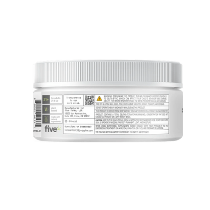 Back of Five Daily Microdose 2mg THC 25mg CBD gummies jar showing supplement facts and warning label