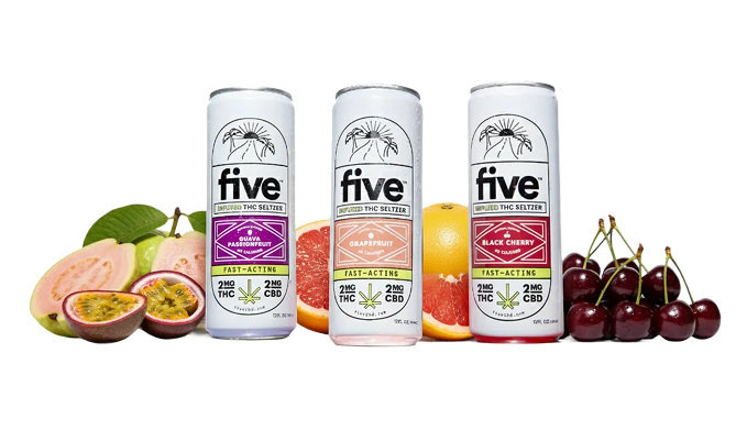 Three cans labeled 'five' INFUSED THC SELTZER - GUAVA PASSIONFRUIT, GRAPEFRUIT, BLACK CHERRY; FAST-ACTING; 2MG THC 2MG CBD