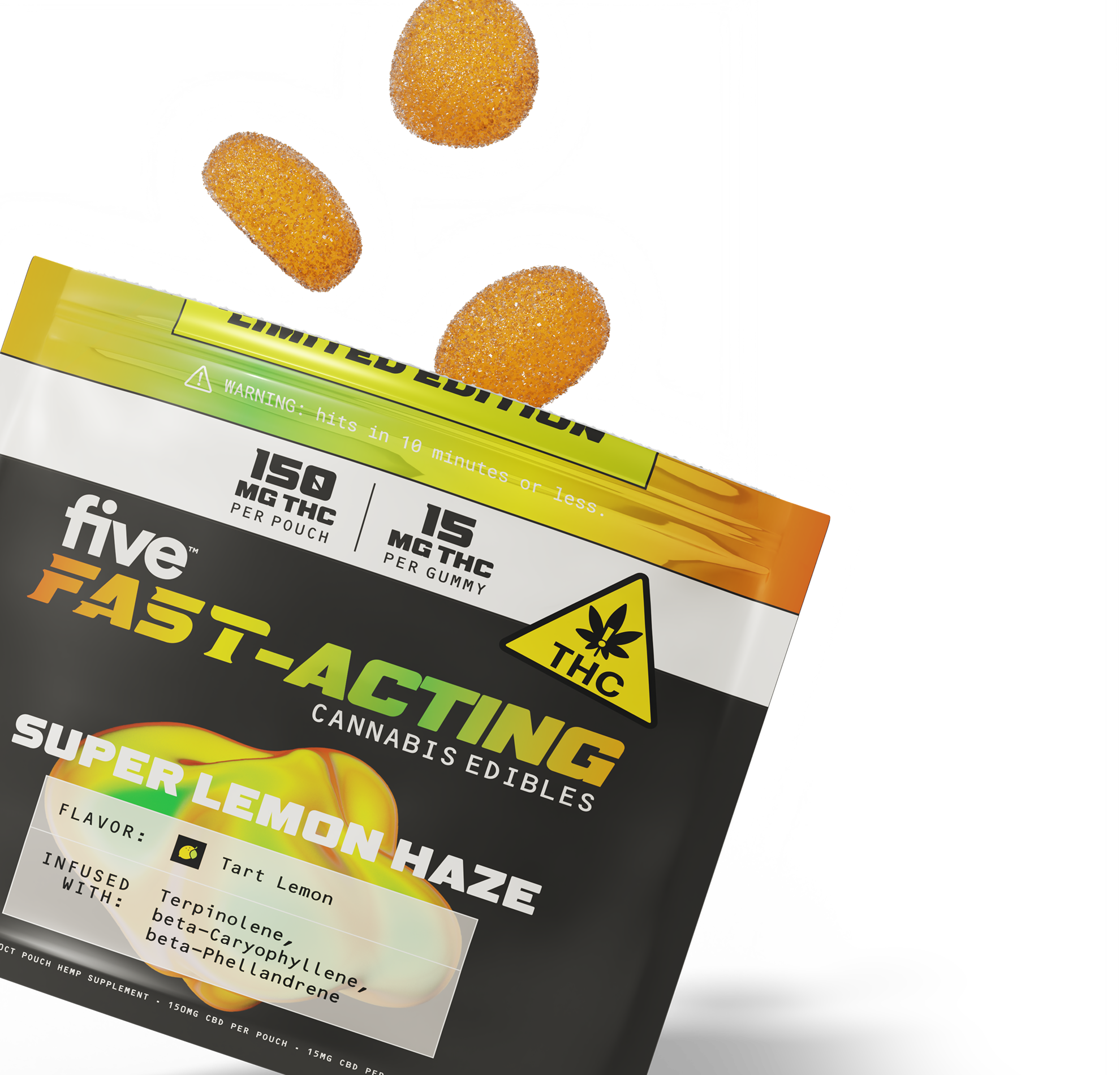 Lemon Haze THC Gummies pouring out of bag