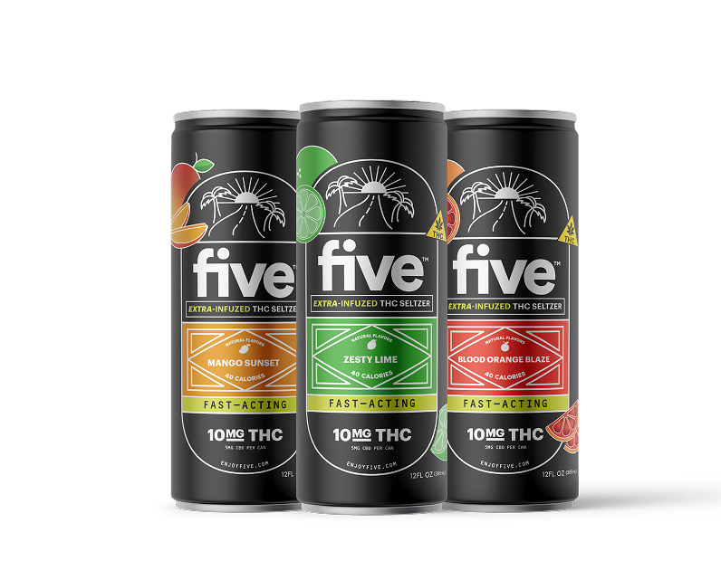 Three cans of five sparkling water with different fruit-flavored labels